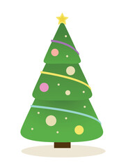 Merry Christmas and Happy New Year. Triangular gradient Christmas tree with colorful ribbons, round balls and star. Design element for invitation on winter holiday. Cartoon flat vector illustration