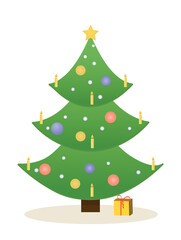 Merry Christmas and Happy New Year. Traditional green Christmas tree with candles on branches, decorative balls and gift. Design element for poster or greeting banner. Cartoon flat vector illustration