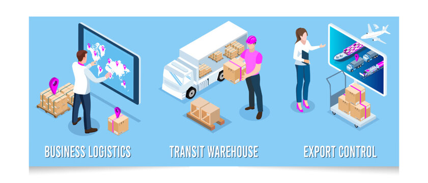 Set of 3D isometric Smart logistics technologies concept with Smart Logistics, Business logistics, transit warehouse and export control. Vector illustration EPS 10