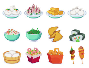 Traditional Chinese cuisine vector illustrations set. Noodles, seafood, rice, different Asian street food dishes on plates and in bowls isolated on white background. Asian or Pan Asian food concept