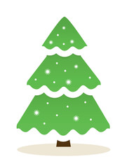 Merry Christmas and Happy New Year. Beautiful forest Christmas tree with snowdrifts, frost and snowflakes on green branches. Design element for greeting banner. Cartoon flat vector illustration