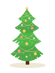 Merry Christmas and Happy New Year. Unusual Christmas tree with cut edges, decorated with stars, snowflakes and garland. Design element for holiday party invitation. Cartoon flat vector illustration
