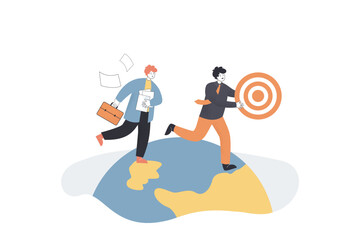 Employees with target and suitcase in hurry. Male character trying to achieve goal flat vector illustration. Career, development concept for banner, website design or landing web page