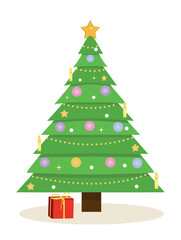 Merry Christmas and Happy New Year. Beautiful geometric Christmas tree with candles, gift and star. Design element for invitation and congratulation on winter holiday. Cartoon flat vector illustration