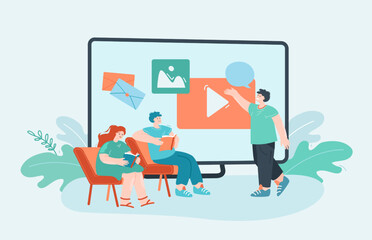 Man conducting workshop on social media flat vector illustration. People sitting and making notes. Education, lesson, conference, presentation concept for banner, website design or landing web page