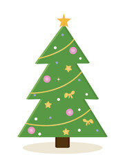 Merry Christmas and Happy New Year. Classic Christmas tree with triangular tiers, decorated with snowflakes, garland and bows. Design element for greeting card. Cartoon flat vector illustration