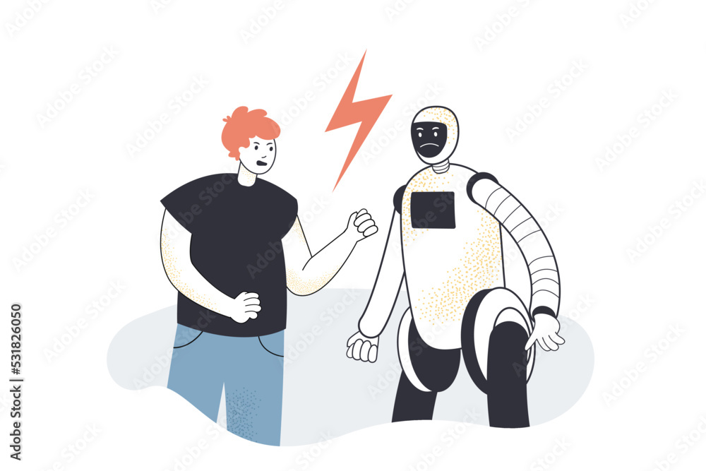 Poster man arguing with robot flat vector illustration. competition between human and machine or cyborg. ai