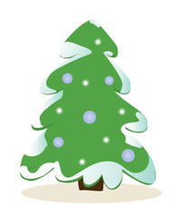 Merry Christmas and Happy New Year. Beautiful Christmas tree with snow covered green branches, frost, snowflakes and decorative balls. Design element for print. Cartoon flat vector illustration