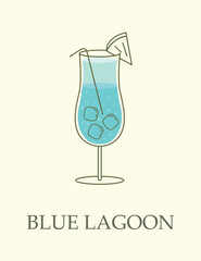 Alcoholic cocktail in goblet concept. Refreshing Blue Lagoon of Curacao, vodka, lemonade and ice cubes. Delicious drink or beverage. Design element for social media. Cartoon flat vector illustration