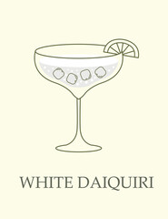 Alcoholic cocktail in goblet. Delicious drink made from light rum, lime juice and sugar. Popular White Daiquiri. Design element or infographic for bar or price list. Cartoon flat vector illustration