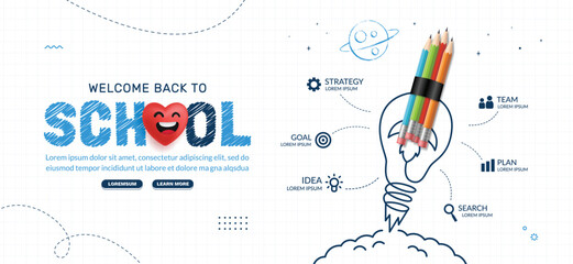 Back to School horizontal infographic with rocket pencil launching to space. Online courses, learning and tutorials Web page template. Online education concept