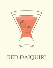 Alcoholic cocktail in goblet. Poster with refreshing Red Daiquiri and lettering. Popular drink made from light rum, strawberries and sugar. Design element for bar. Cartoon flat vector illustration