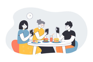 Family dining and taking photo of food flat vector illustration. Members of family being addicted to smartphone. Social network, media concept for banner, website design or landing web page