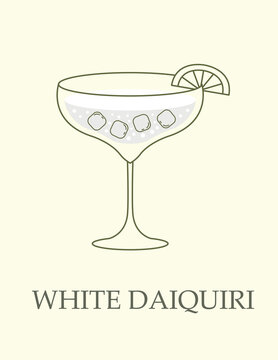 Alcoholic cocktail in goblet. Delicious drink made from light rum, lime juice and sugar. Popular White Daiquiri. Design element or infographic for bar or price list. Cartoon flat vector illustration