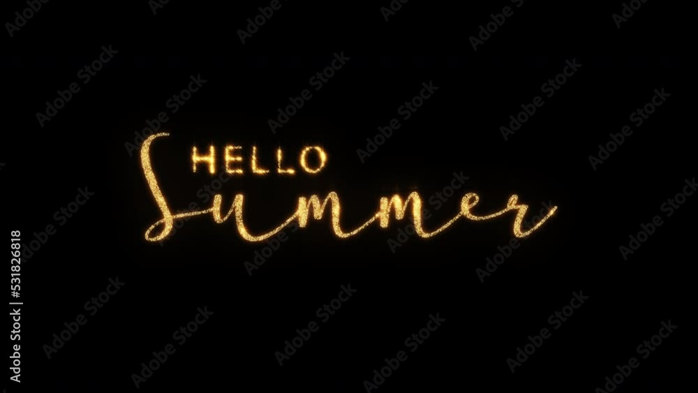 Poster abstract loop of golden text star hello summer on black background. hello summer text with looping f