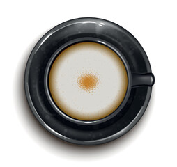 Cup of hot coffee. Cappuccino or latte with delicate foam, milk flavor and cocoa. Delicious drink in black mug. Design element for cafe menu. Top view. Realistic 3D vector illustration on white