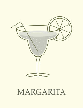 Alcoholic cocktail in goblet. Margarita made from tequila, liquor and lime juice garnished with fruit slice. Popular drink in bars. Design element for cafe menu. Cartoon flat vector illustration