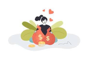 Cheerful girl with bags of money flat vector illustration. Happy woman earning huge amount of money. Wealth, banking, saving concept for banner, website design or landing web page.