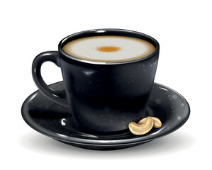 Cup of hot coffee concept. Delicious milk cappuccino with foam in black mug. Beverage or drink and cashew nuts. Design element for menus for coffee shop. Side view. Realistic 3D vector illustration