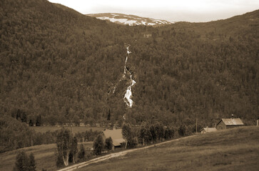 Views from the train window. Mountain tundra of Central Norway. Railway travel in Norway.The Bergen...