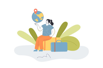 Girl sitting on luggage, holding earth flat vector illustration. Female character traveling worldwide. Trip, travel, journey, transportation concept for banner, website design or landing web page