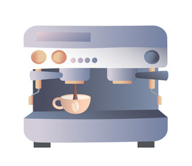 Coffee shop element. Sticker with machine or equipment for brewing delicious latte or cappuccino.. Design element for cafe advertising. Cartoon flat vector illustration isolated on white background