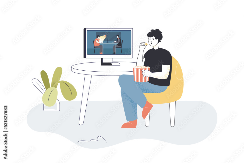 Poster man watching video on computer flat vector illustration. male character sitting at table and eating 