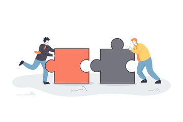 People connecting puzzles flat vector illustration. Team working together, solving problem. Teamwork, cooperation, partnership, strategy concept for banner, website design or landing web page