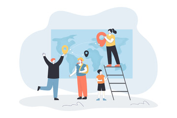 People putting location pins on map flat vector illustration. Family traveling together. Trip, navigation, direction concept for banner, website design or landing web page