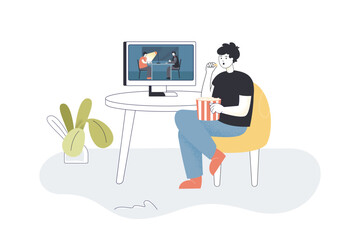 Man watching video on computer flat vector illustration. Male character sitting at table and eating popcorn. Leisure activity, entertainment concept for banner, website design or landing web page