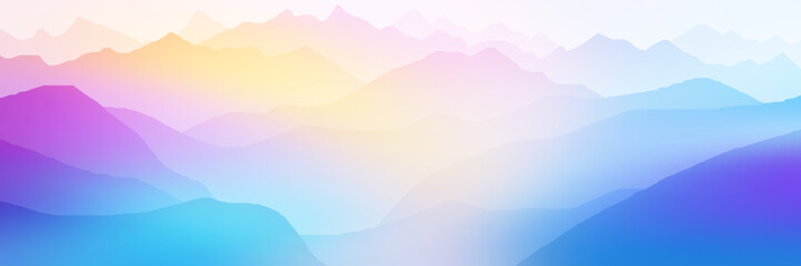 Sunrise in the mountains, ranges in the morning fog, panoramic view, multicolor background