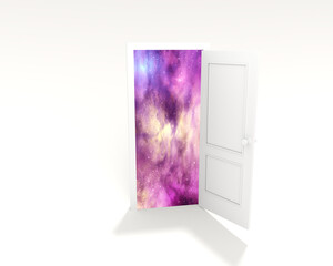 Open door leading to universe filled with stars. Concept of freedom and future. Business opportunities. Faith and hope metaphor. 3D render