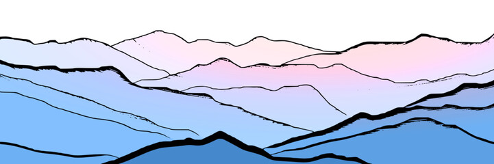 Sunrise in the mountains, mountain ranges in the morning haze, panoramic view, vector illustration