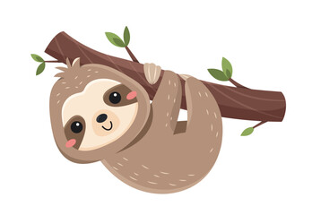 Fototapeta premium Funny cute sloth. Tropical or exotic animal inhabiting savannah. Happy lazy mammal on tree branch. Design element for social networks or posters. Cartoon flat vector illustration isolated on white