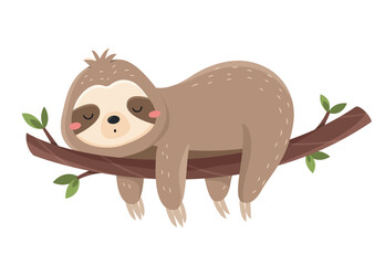 Fototapeta premium Funny cute sloth. Tired lazy animal lies on branch, sleeps and dreams. Tropical or exotic mammal. Design element for postcards or printing on fabric. Cartoon flat vector illustration isolated on white