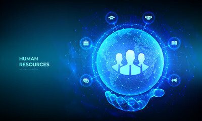 Human Resources. HR management, recruitment, employment, headhunting business concept. Human social network. World map point and line composition. Earth planet globe in wireframe hand. Vector.