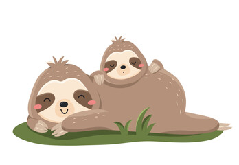 Fototapeta premium Funny cute sloth. Smiling mother and child lazy animals lie on green grass, rest and sleep. Family of slow mammals. Design element for printing on fabric or paper. Cartoon flat vector illustration