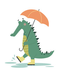Cute funny crocodile. Alligator in boots holding umbrella and walking through puddles in rainy weather. Design element for printing. Cartoon flat vector illustration isolated on white background - obrazy, fototapety, plakaty