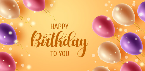 Birthday greeting vector background design. Happy birthday to you text with flying colorful balloons and bokeh lights element in yellow background for birth day messages. Vector illustration.
