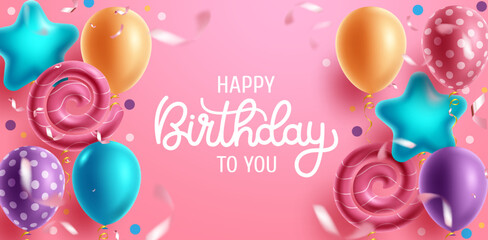 Birthday party vector background design. Happy birthday greeting text in pink space with cute balloon shape and pattern for fun and enjoy kids birth day messages card. Vector illustration.
