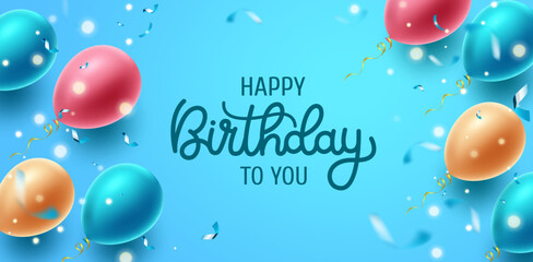 Birthday greeting vector background design. Happy birthday to you text in blue space with flying balloons and confetti party elements for birth day celebration. Vector illustration.
