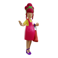 3D illustration. 3D Cartoon Cute Mother with smiling face. carrying a bag in hand while walking. showing a greeting expression. 3D Cartoon Character