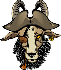 goat bearded pirate with earings, eyepatch, and smoking pipe in pirate hat 