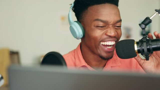 Microphone, podcast and black man speaker or DJ presenter in music radio station recording studio. Creative African streamer, internet influencer or online content creator live streaming for audience