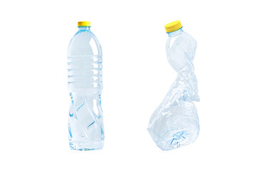 Plastic water bottle with empty crumpled used isolated on white background, reuse, recycle, pollution, environment, ecology, waste concept.