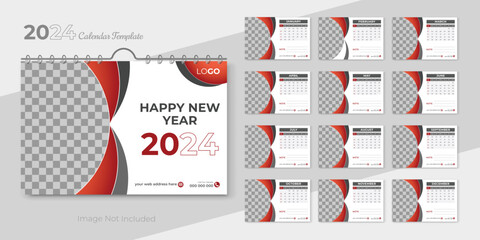 2024 Happy New Year desk calendar design template layout with abstract orange and gray color shapes. The week starts on Sunday. Creative and minimal desk calendar for 2024 with white background