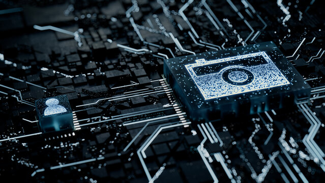 Photo Technology Concept with camera symbol on a Microchip. White Neon Data flows between the CPU and the User across a Futuristic Motherboard. 3D render.