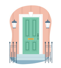House entrance concept. Green door to apartment with opening for letters and envelopes. Doorway with stairs and railings. Architecture or Facade. Cartoon flat vector illustration on white background