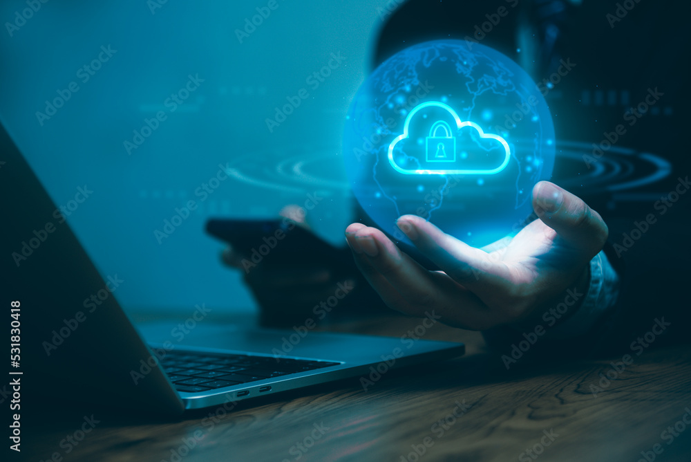 Poster businessman working cybersecurity hologram with glowing lock icons on the virtual screen.business te