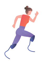 Health day concept. Woman with two prosthetic legs running. Person with disability exercising. Marathon, sprint and cardio training. Sticker for social media. Cartoon flat vector illustration